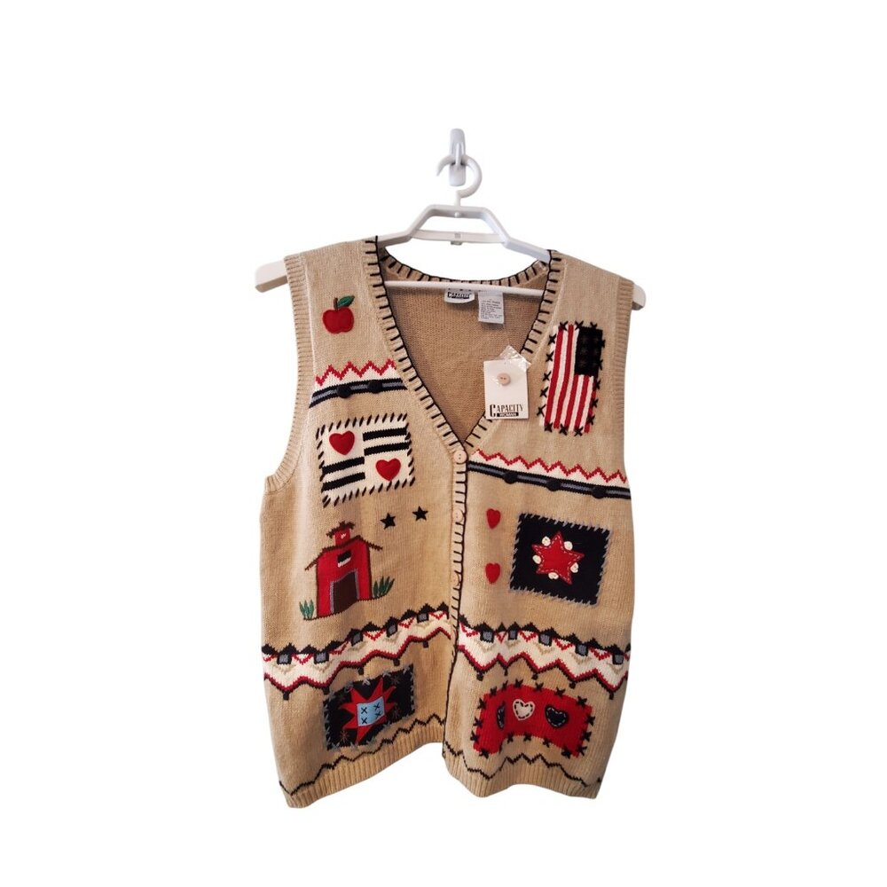 Capacity Woman Country Craft nwt sweater vest 1X ramie blend Patriotic flag